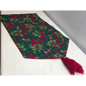 Vintage Christmas Table Runner Holly Candy Cane Plaid Green Red Tassel  21"x13"